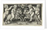 Two reclining angels lean on a skull by Nicolaes de Bruyn