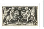 Two reclining angels lean on a skull by Nicolaes de Bruyn