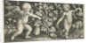 Two angels on either side of squash, pumpkin, or gourd by Nicolaes de Bruyn