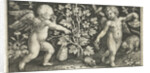 Two angels on either side of squash, pumpkin, or gourd by Nicolaes de Bruyn