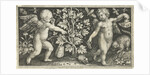 Two angels on either side of squash, pumpkin, or gourd by Nicolaes de Bruyn