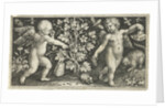 Two angels on either side of squash, pumpkin, or gourd by Nicolaes de Bruyn