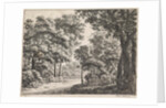 Large trees on either side of a path by Anthonie Waterloo