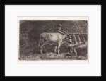 Farmer between two cows in a manger in a stable (small version) by Jan Vrolijk