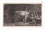 Farmer between two cows in a manger in a stable (small version) by Jan Vrolijk