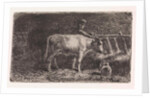 Farmer between two cows in a manger in a stable (small version) by Jan Vrolijk