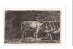 Farmer between two cows in a manger in a stable (small version) by Jan Vrolijk