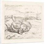 Sleeping dog with windmill in the background by Wouter Johannes van Troostwijk