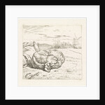 Sleeping dog with windmill in the background by Wouter Johannes van Troostwijk