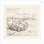 Sleeping dog with windmill in the background by Wouter Johannes van Troostwijk