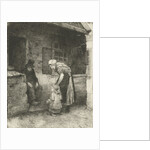 Woman with small child is sitting at home working for old man by Bernardus Johannes Blommers