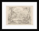 Forest scene with pond by Andreas Schelfhout