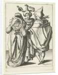 A woman dressed festively, a man in a cape and a masked man who extends his left arm by workshop of Jacob de Gheyn II