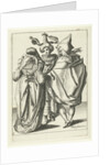 A woman dressed festively, a man in a cape and a masked man who extends his left arm by workshop of Jacob de Gheyn II