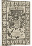Arms of England, surrounded by weapons by Jodocus Hondius I