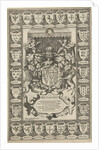 Arms of England, surrounded by weapons by Jodocus Hondius I