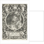 Portrait of Joshua medallion inside rectangular frame with ornaments by Nicolaes de Bruyn