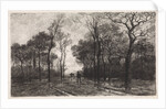 Three people on a road lined with trees by Elias Stark