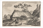 A farm, a man and a barking dog by Boetius Adamsz. Bolswert