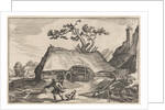 A farm, a man and a barking dog by Boetius Adamsz. Bolswert