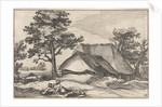 Farm and shepherd with his dog by Boëtius Adamsz. Bolswert