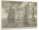Three warships at anchor near a lighthouse by Anonymous