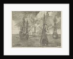 Three warships at anchor near a lighthouse by Anonymous