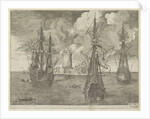 Three warships at anchor near a lighthouse by Anonymous
