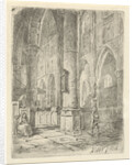 Church Interior with a boy and a seated woman by Adrianus Wilhelmus Nieuwenhuyzen