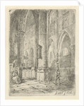Church Interior with a boy and a seated woman by Adrianus Wilhelmus Nieuwenhuyzen