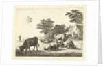 Cows and sheep lying in meadow before a farm by John of Cuylenburgh