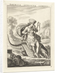 Female personification of America as a woman with headdress of feathers and bows, sitting on a caiman by Claes Jansz. Visscher II