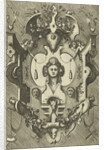 Cartouche with the head of a woman wearing three shells in her hair by Hieronymus Cock