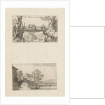 Three hikers on a wooden bridge and rowing boat before a stone bridge by Frederik de Wit