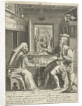 Sixth life of sixty years with man counting his money with his wife by Claes Jansz. Visscher II