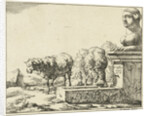 Two sheep at a trough by Nicolaes Visscher I