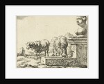 Two sheep at a trough by Nicolaes Visscher I
