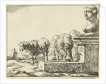 Two sheep at a trough by Nicolaes Visscher I