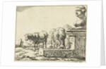 Two sheep at a trough by Nicolaes Visscher I