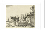 Two sheep at a trough by Nicolaes Visscher I