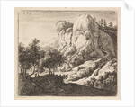 Wooden bridge with a rock, Anthonie Waterloo by Reinier and Josua Ottens