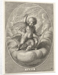 Element fire as a child with lightning bolts on back of eagle by Adriaen Collaert