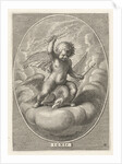 Element fire as a child with lightning bolts on back of eagle by Adriaen Collaert