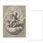 Element fire as a child with lightning bolts on back of eagle by Adriaen Collaert