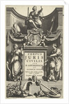 Justice enthroned above portrait of Justinian on base with title flanked by Temperance and Prudence by Lowijs Elzevier III and Daniel