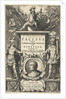 God enthroned on Mars column with war booty and portrait of Tacitus in cartouche flanked by two Roman soldiers by Joost Hartgers