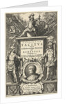 God enthroned on Mars column with war booty and portrait of Tacitus in cartouche flanked by two Roman soldiers by Joost Hartgers