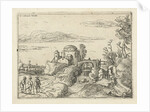 Bridge over waterfall next round building with a dome by Esaias van de Velde