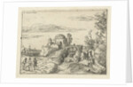 Bridge over waterfall next round building with a dome by Esaias van de Velde