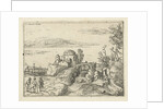 Bridge over waterfall next round building with a dome by Esaias van de Velde